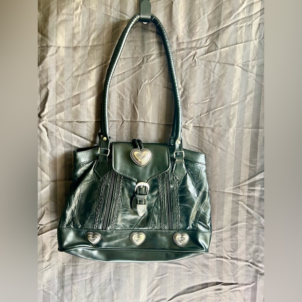 Vintage Genuine Leather Embossed Purse Black Western Style with Silver Hearts